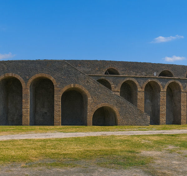 Vue extérieure de l'amphithéâtre de Pompéi avec sa série d'arches antiques.