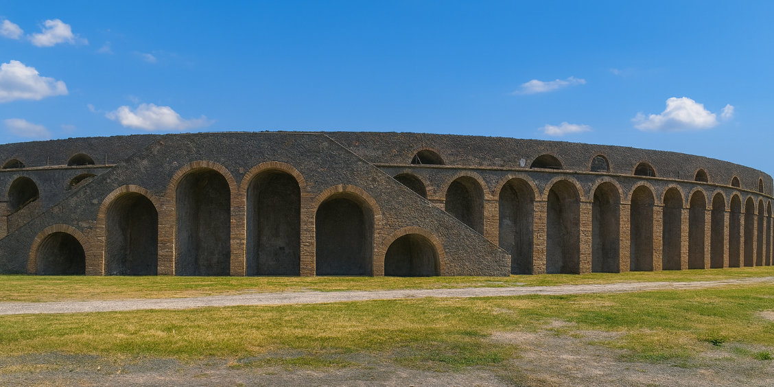 Vue extérieure de l'amphithéâtre de Pompéi avec sa série d'arches antiques.