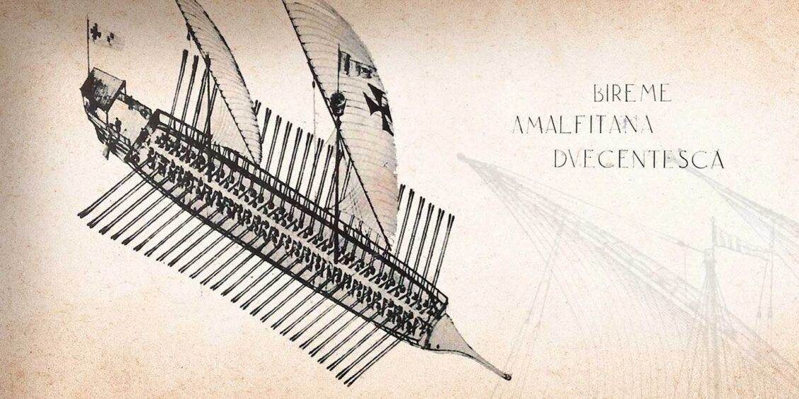 Illustration d’une bireme amalfitana médiévale représentant un navire historique de la République d’Amalfi.