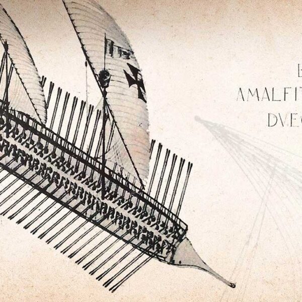 Illustration d’une bireme amalfitana médiévale représentant un navire historique de la République d’Amalfi.