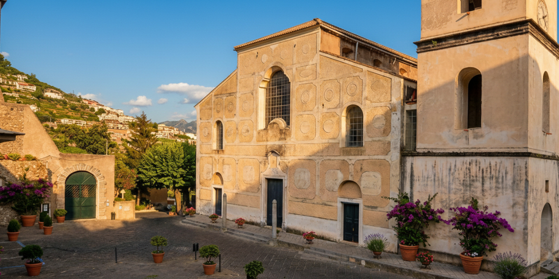 Place pavée fleurie devant l'ancienne église en pierre de Scala sous le soleil.