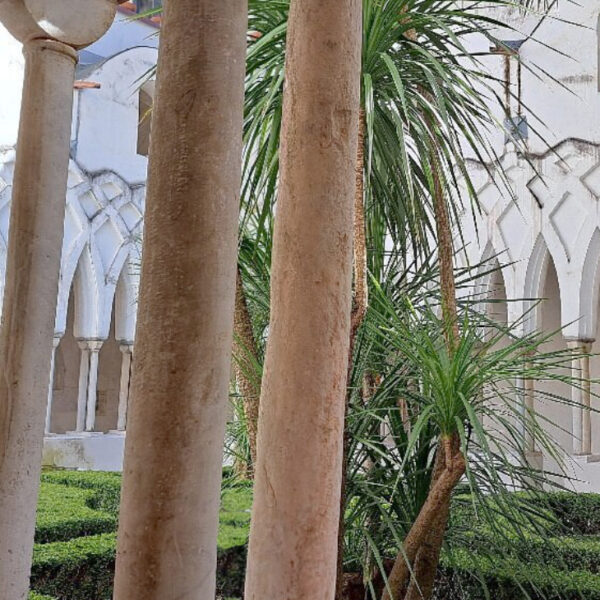 Les fines colonnes blanches et les arches entrelacées de style maure du Cloître du Paradis à Amalfi, entourant un jardin luxuriant.