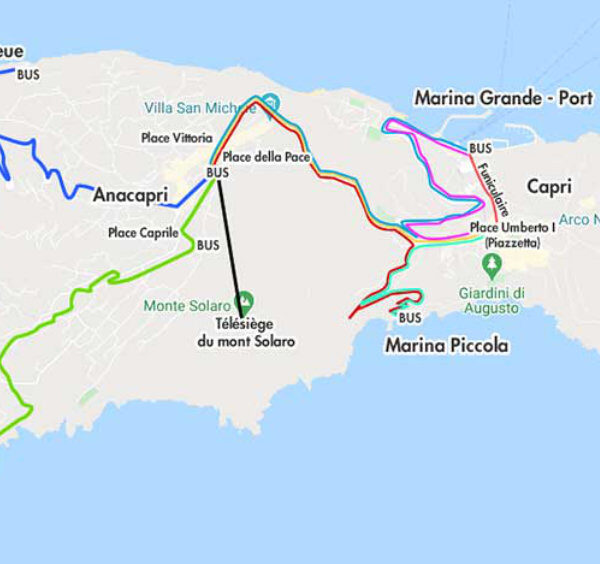 Carte des transports de l'île de Capri indiquant les lignes de bus, le funiculaire et les principaux sites touristiques.