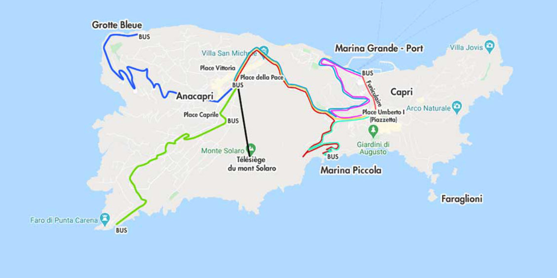 Carte des transports de l'île de Capri indiquant les lignes de bus, le funiculaire et les principaux sites touristiques.