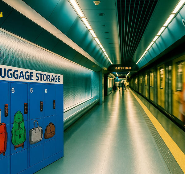 Casiers de consigne à bagages situés sur un quai de métro à Naples.