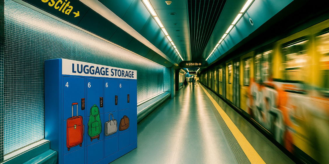 Casiers de consigne à bagages situés sur un quai de métro à Naples.