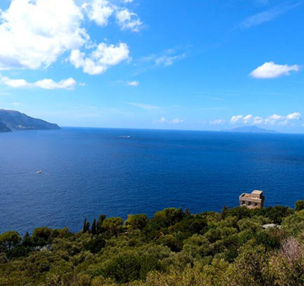 Vue depuis Punta Campanella sur Capri, la mer bleue et la côte de Sorrente.