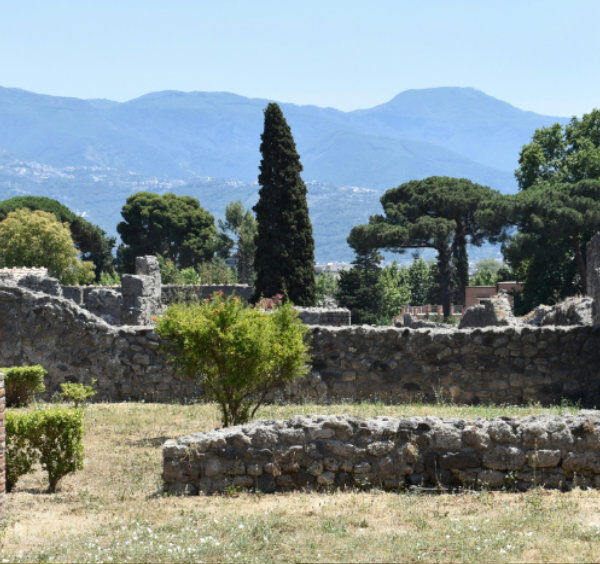 Ruines de la cité antique de Pompéi avec des murs en pierre, des arbustes et des arbres, devant un paysage de montagnes.