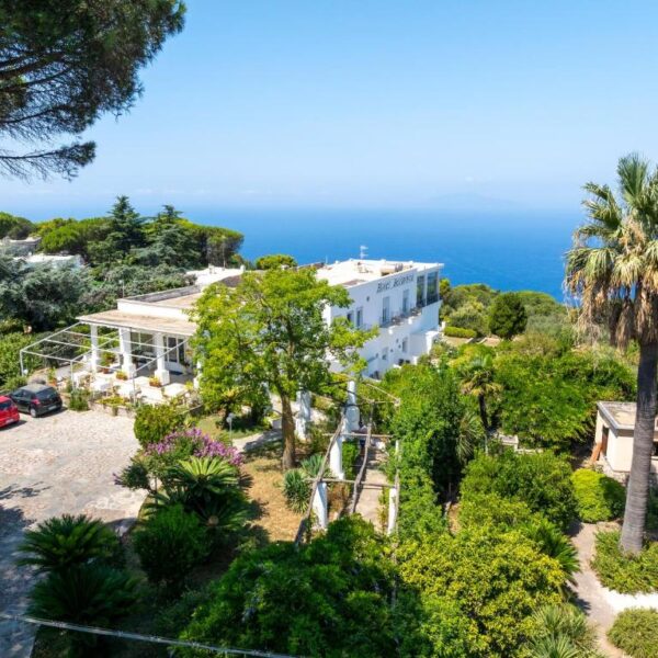 Vue extérieure de l'Hôtel Bellavista à Anacapri entouré de verdure avec panorama sur la mer.