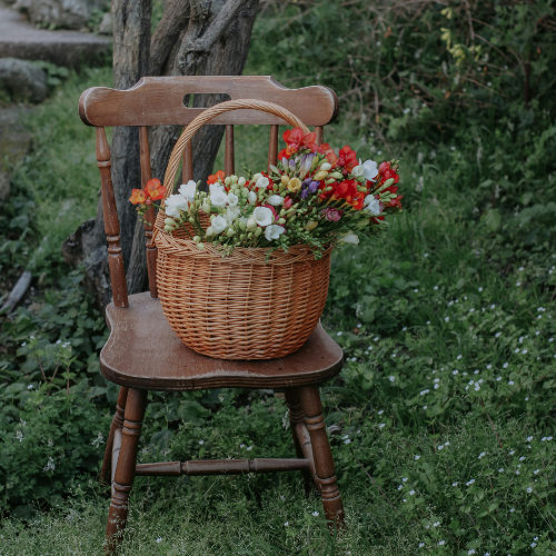 Panier d'osier rempli de fleurs printanières sur une chaise ancienne à Ischia Porto.