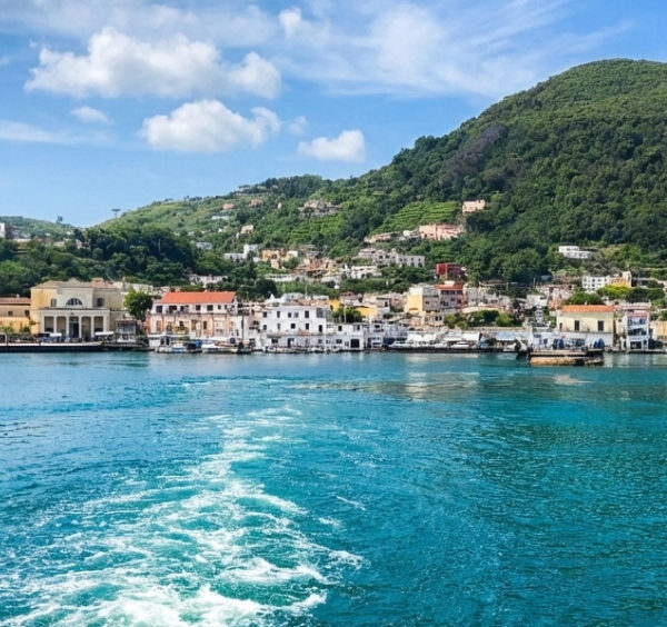 Vue du port d'Ischia Porto et de ses collines verdoyantes depuis un bateau.