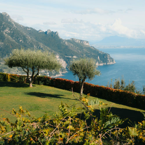 Pelouse et oliviers des jardins de la Villa Cimbrone offrant une vue dégagée sur le golfe de Salerne.