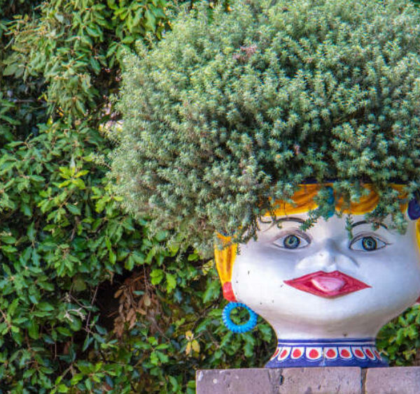 Pot décoratif en forme de tête dans un jardin de Sorrente en juillet.