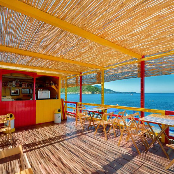 Grande terrasse ombragée par un toit en canisse, offrant une vue panoramique sur la mer Méditerranée.