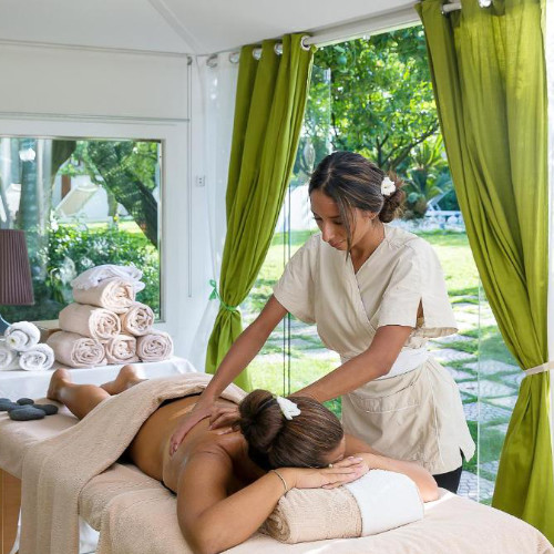 Séance de massage relaxante dans un spa lumineux avec de grandes baies vitrées donnant sur un jardin et des serviettes soigneusement rangées.