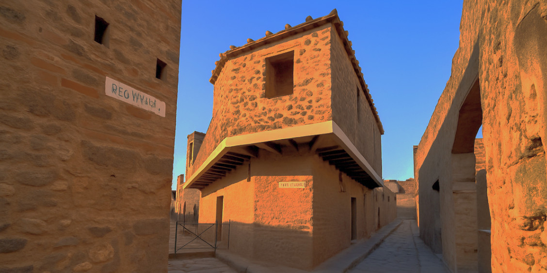 Bâtiment du Lupanar à Pompéi au coucher du soleil, situé au croisement de deux rues antiques.