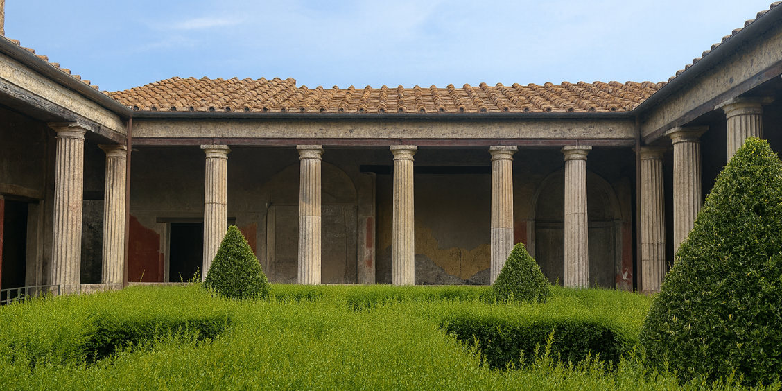 Péristyle et jardin intérieur de la Maison du Ménandre à Pompéi.