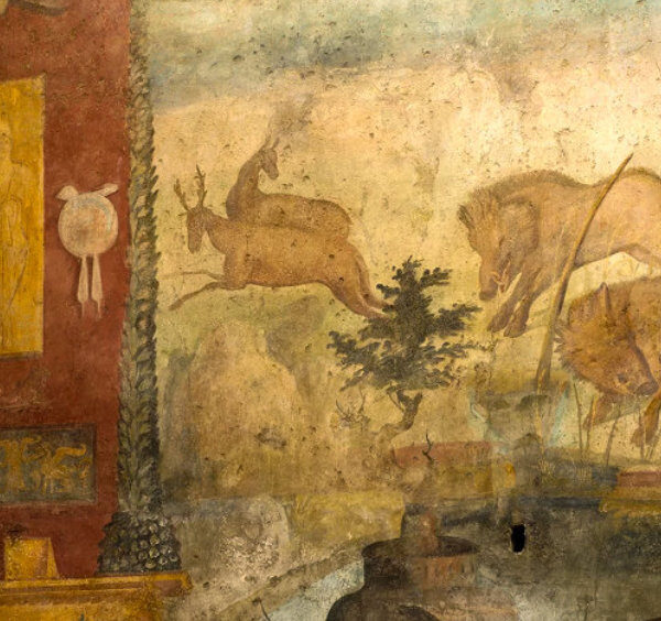 Fresque murale de la Maison des Ceii à Pompéi représentant une scène de chasse avec des lions, des sangliers et des cerfs.
