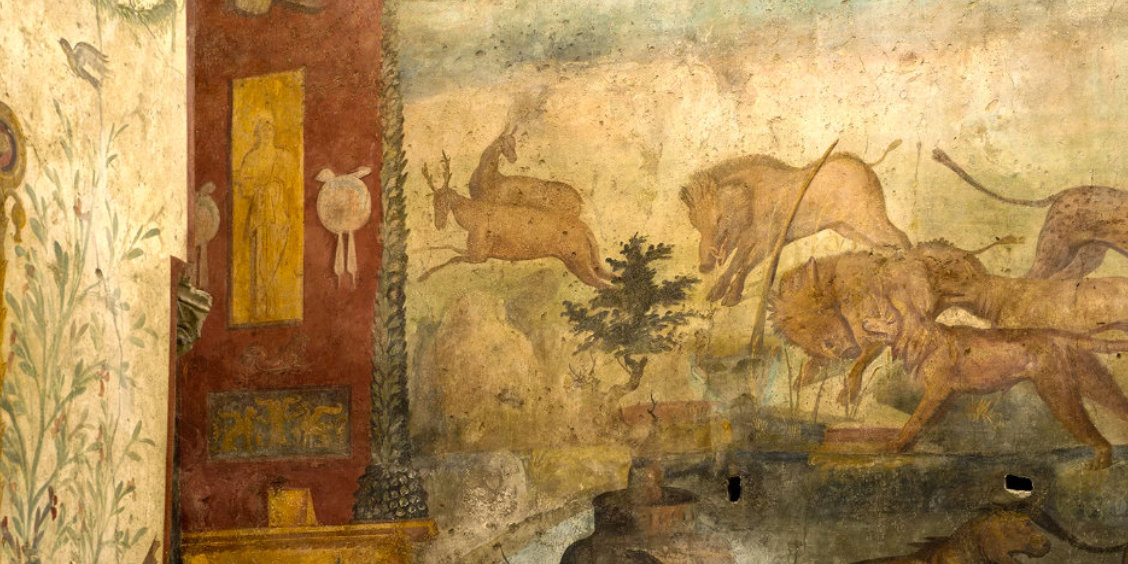 Fresque murale de la Maison des Ceii à Pompéi représentant une scène de chasse avec des lions, des sangliers et des cerfs.