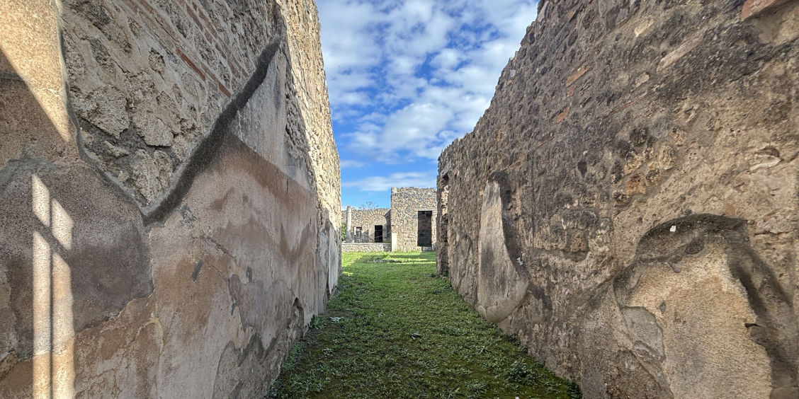 Murs en ruine et passage herbeux de la Maison du Cithariste à Pompéi.
