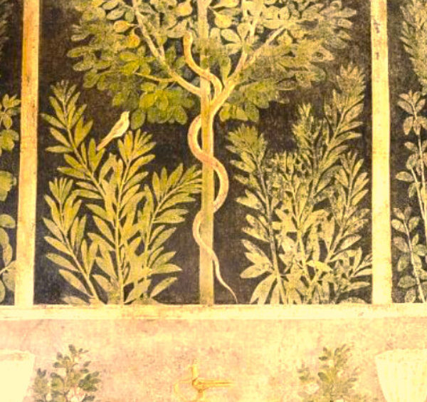 Fresque de la Maison du Fruitier à Pompéi : jardin avec arbres, oiseaux et serpent sur fond noir.