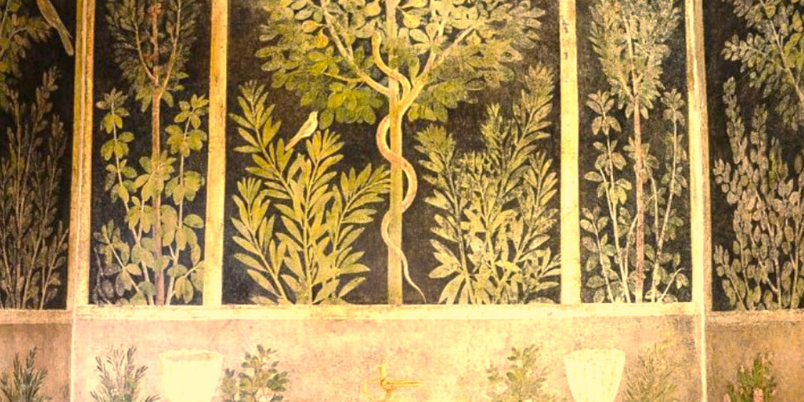 Fresque de la Maison du Fruitier à Pompéi : jardin avec arbres, oiseaux et serpent sur fond noir.