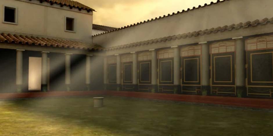 Reconstitution virtuelle d’une maison romaine au MAV, Musée Archéologique Virtuel d’Herculanum en Campanie.