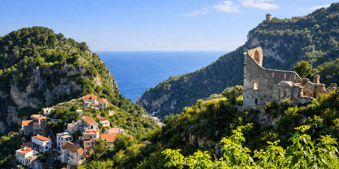 Vue panoramique sur la vallée, les ruines antiques et la mer Méditerranée à Scala.