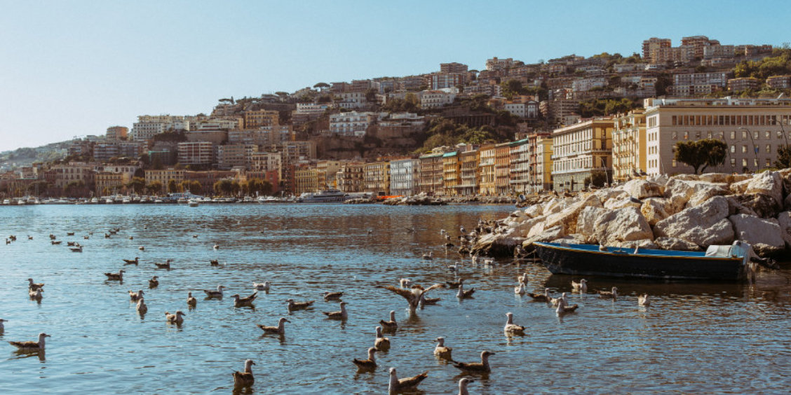 Vue du littoral de Naples en mai avec des goélands sur l'eau et les bâtiments colorés sur la colline.