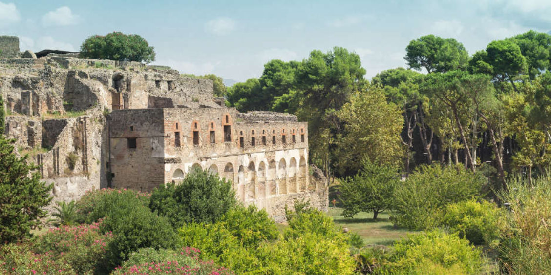 Bâtiment antique en pierre et brique avec des arcades dans les ruines de Pompéi, entouré d'une végétation verdoyante et de fleurs roses.