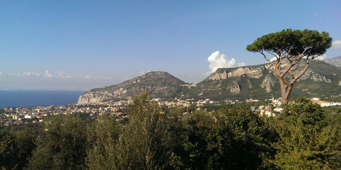 Vue panoramique de Piano di Sorrento, entre collines, mer et pin méditerranéen sur la côte de Sorrente.
