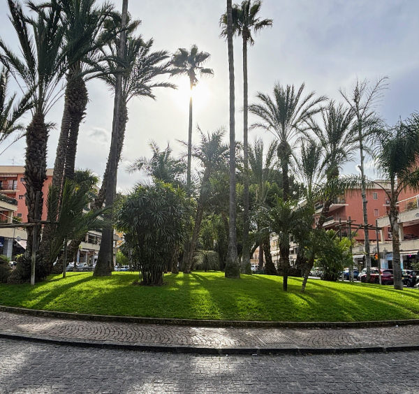Piazza Lauro à Sorrente avec palmiers et jardin central ensoleillé.