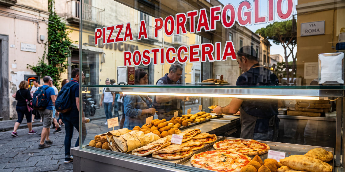 Vitrine d'une rosticceria traditionnelle sur Via Roma à Pompéi proposant pizza a portafoglio et fritures.