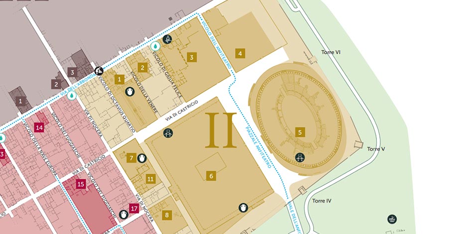 Plan détaillé de la Regio II de Pompéi montrant l'emplacement de l'amphithéâtre.
