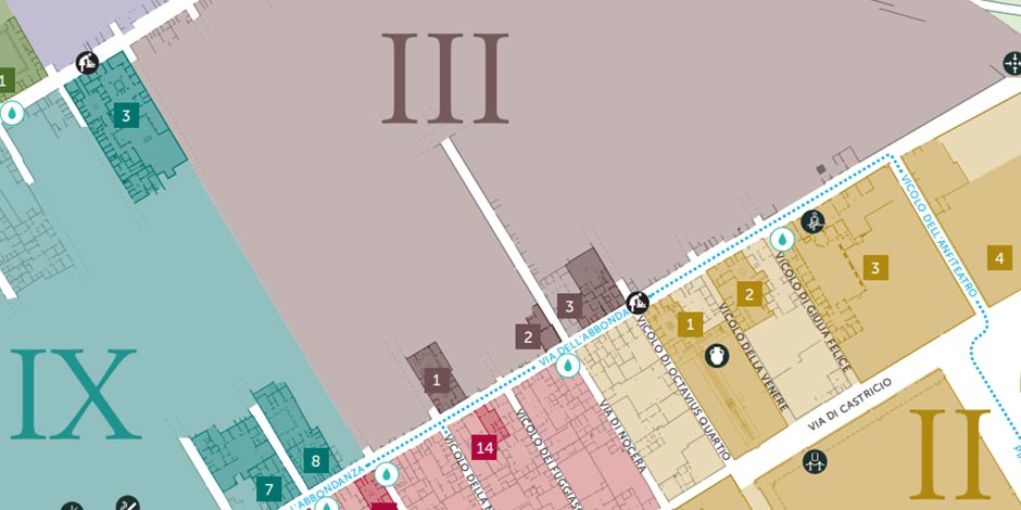 Plan détaillé de la Regio III de Pompéi et des rues environnantes.