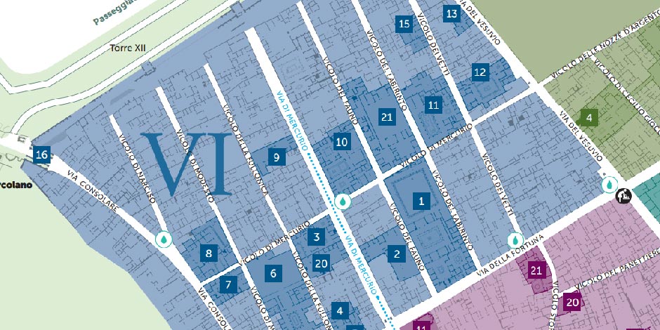 Plan détaillé de la Regio VI de Pompéi et des rues environnantes.
