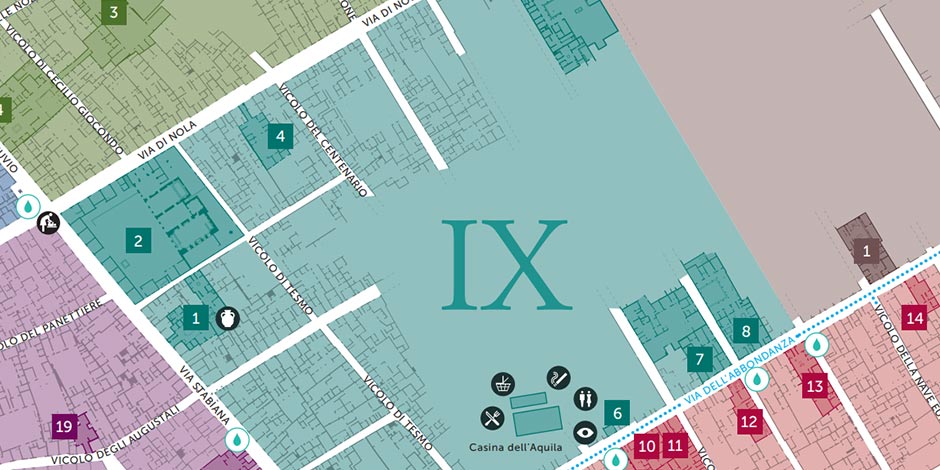 Plan détaillé de la Regio IX de Pompéi et des axes principaux comme la Via di Nola.