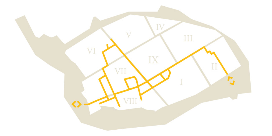 Plan schématique de Pompéi montrant un itinéraire de visite long traversant les Regio VII, VI, V, IX et II.