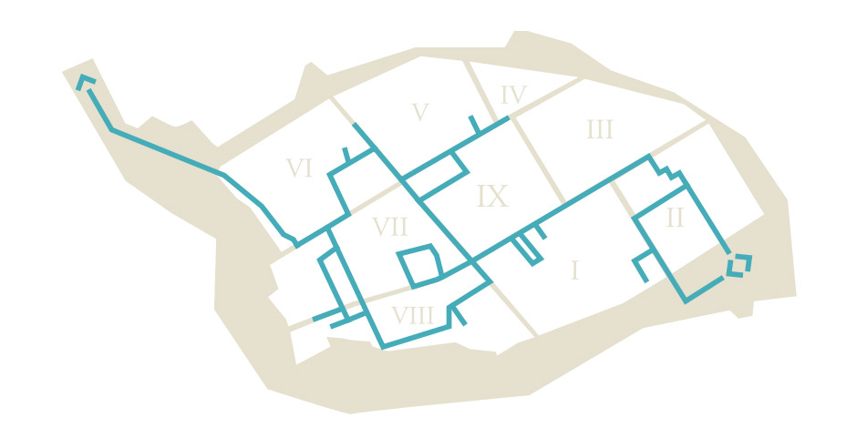 Plan schématique de Pompéi montrant un itinéraire de visite très complet traversant les Regio VI, VII, VIII, IX, IV et II.