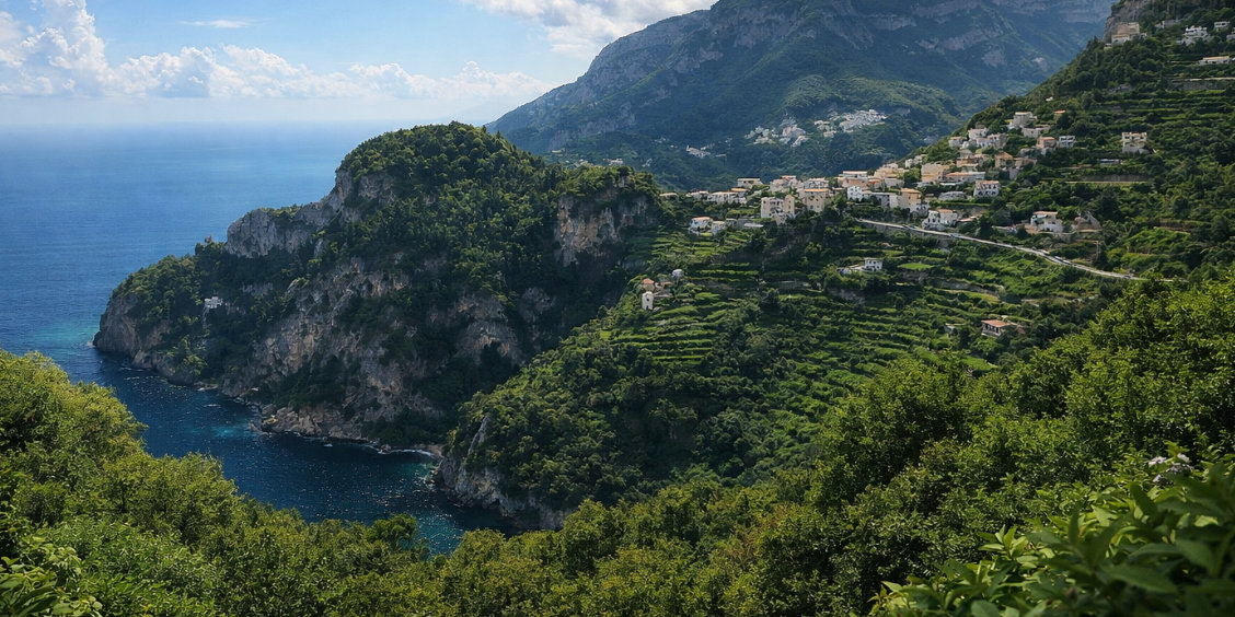 Panorama sur les collines boisées, les terrasses de culture et le littoral de la Côte Amalfitaine.