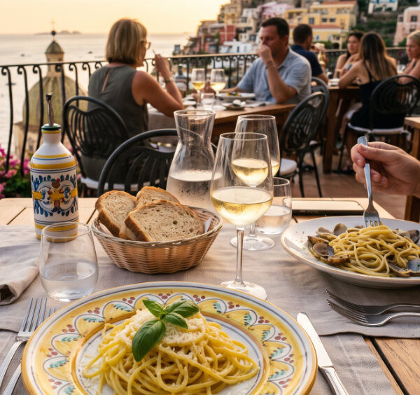 Table de restaurant en terrasse à Positano avec un plat de spaghetti au citron au premier plan, un invité et la vue panoramique sur la mer au coucher du soleil.