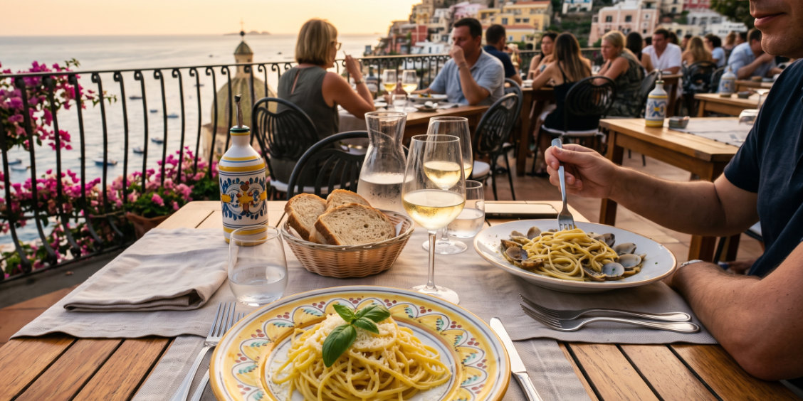 Table de restaurant en terrasse à Positano avec un plat de spaghetti au citron au premier plan, un invité et la vue panoramique sur la mer au coucher du soleil.