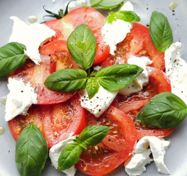 Salade Caprese traditionnelle avec tranches de tomates mûres, mozzarella fraîche et feuilles de basilic sur une assiette grise.