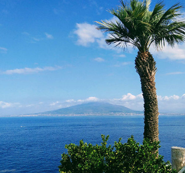Sorrente en septembre avec palmier, mer bleue et vue sur le Vésuve.