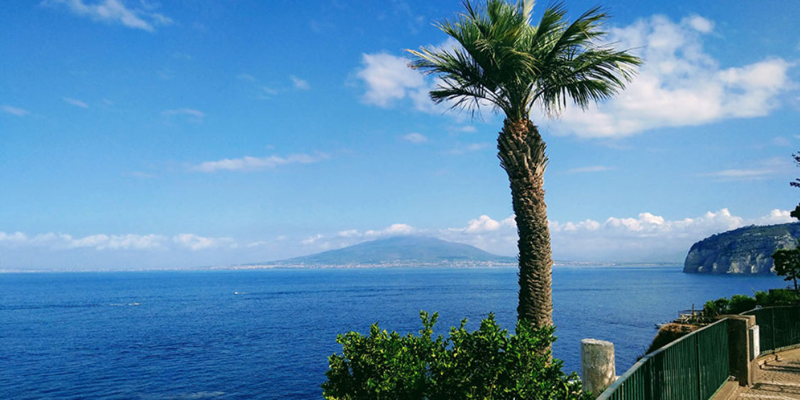 Sorrente en septembre avec palmier, mer bleue et vue sur le Vésuve.