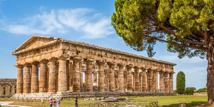 Temple de Paestum en Campanie, avec colonnes grecques antiques et pin méditerranéen dans le site archéologique.