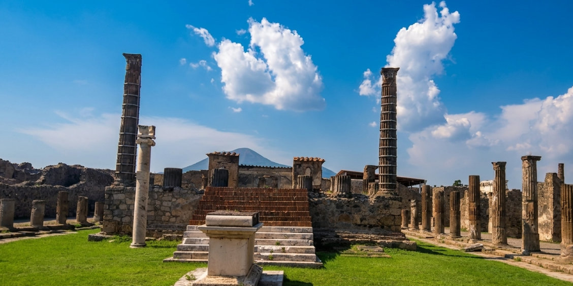 Vue d'ensemble des ruines du temple d'Apollon à Pompéi avec ses colonnes, ses marches en brique et la silhouette du mont Vésuve en arrière-plan.