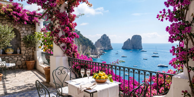 Terrasse fleurie de bougainvilliers avec vue panoramique sur les Faraglioni et la mer à Capri.