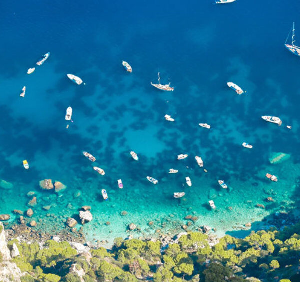 Vue plongeante sur une flotte de bateaux dans les eaux claires le long de la côte de Capri.