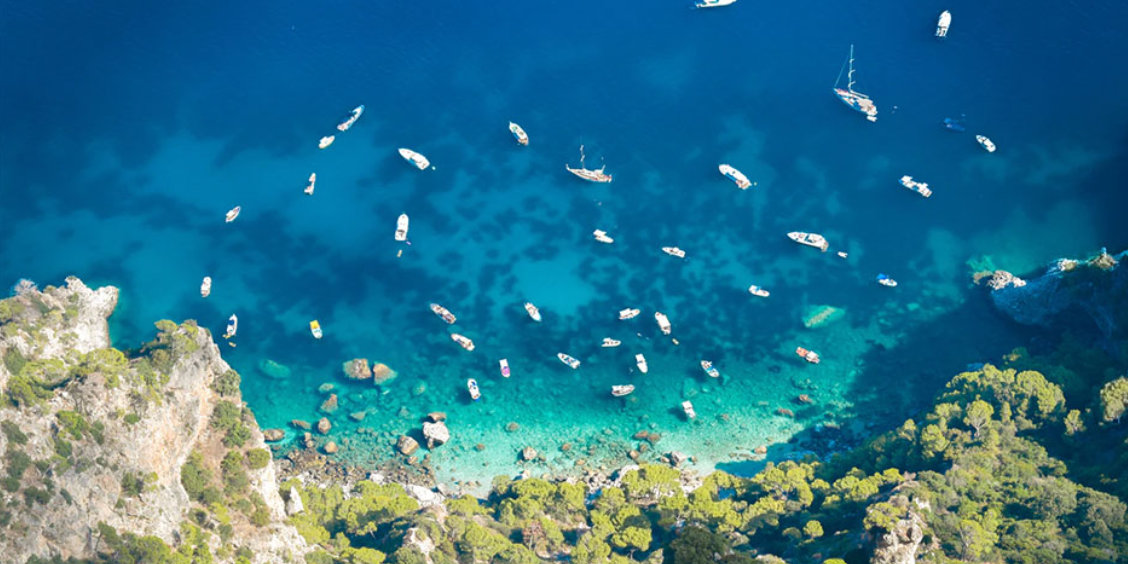 Vue plongeante sur une flotte de bateaux dans les eaux claires le long de la côte de Capri.